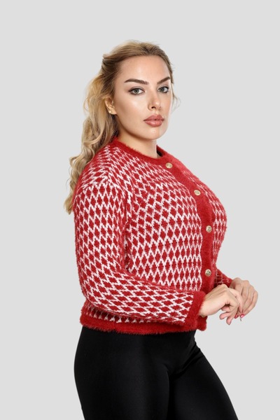 NEWCO Women's Gold Button Detail Yumoş Stylish Comfortable Fit Asymmetric Pattern Cardigan Jacket Sweater