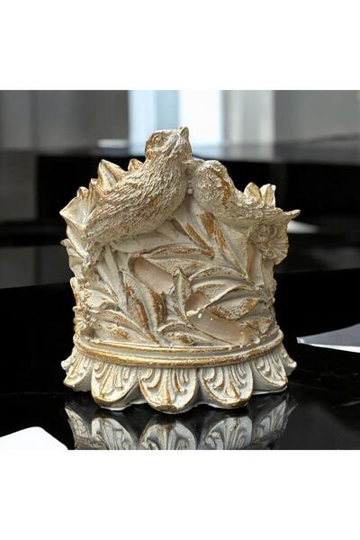 Peramari Dekoratif Polyester Kuşlu Şamdan Mumluk Krem Eskitme 11X11X10 cm