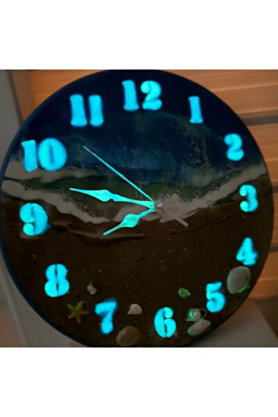 iepoxy Epoksi Deniz Dalgası Tasarımlı Fosforlu Duvar Saati - 33 cm, Gerçek De...