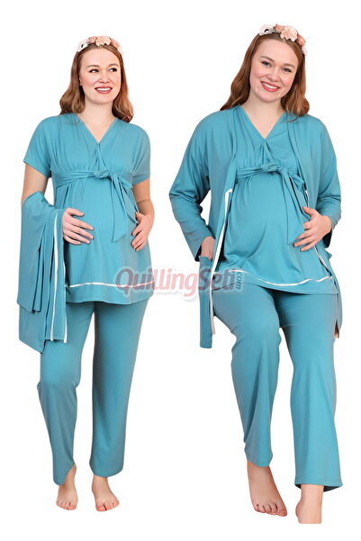 quilling Turquoise Colored V-Neck 3-Piece Long Sleeve Maternity Pajama Set with Dressing Gown 59340