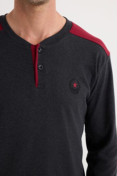 Tudors Ανδρικό σετ πιτζάμες από βαμβακερό κοστούμι με κουμπιά, ελαστική μέση, με σχέδιο ανθρακί