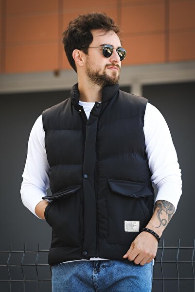 Oksit Octave Men's Puffer Vest with Waterproof Hooded Pocket and Label Detail Stand Collar