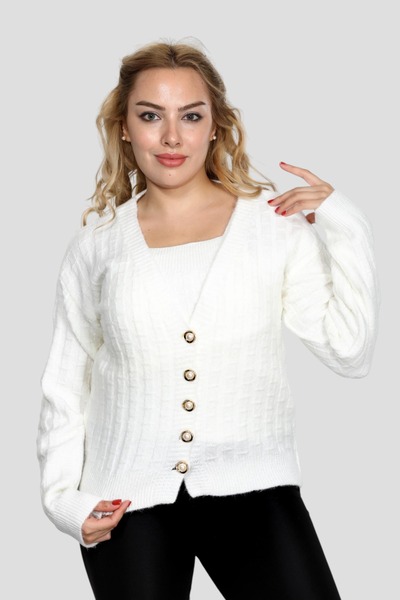NEWCO Women's 2-Piece Knitwear Cardigan Set with Straps, Button Detail, Stylish and Comfortable, Suitable for Both Night and Office Style