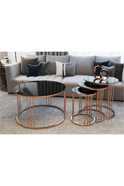 Nies Aksesuar ELZEY 3'LÜ ZİGON VE ORTA SEHPA BAKIR KAPLAMA SİYAH CAM