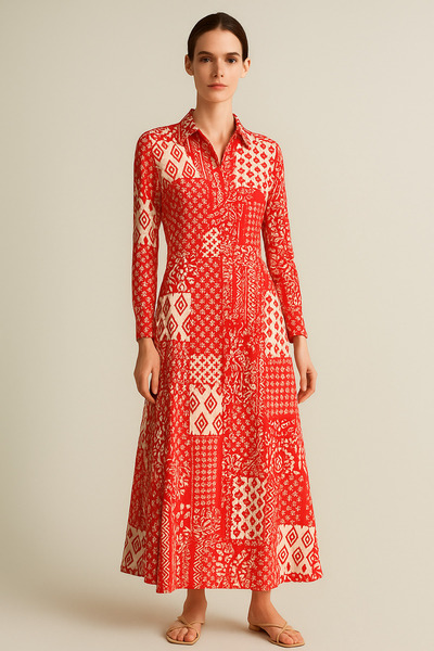 Rich Women's Red and White Patterned Long Sleeve Buttoned Waist Maxi Shirt Dress