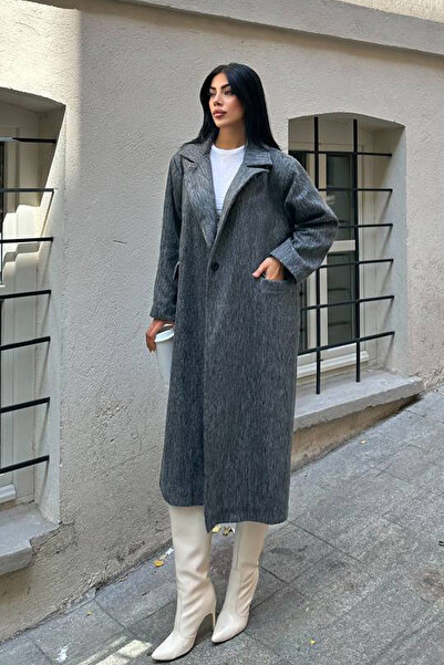 NET OF NOT Vatkalı Oversize Gri Kadın Kaşe Kaban