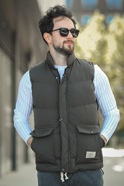 Oksit Octave Men's Puffer Vest with Waterproof Hooded Pocket and Label Detail Stand Collar