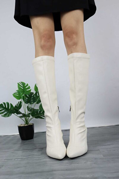 Shu Mhu Жіночі черевики з гострим носком, висотою 10 см, зручним каблуком, еластичною підошвою, зимові, кремового кольору.