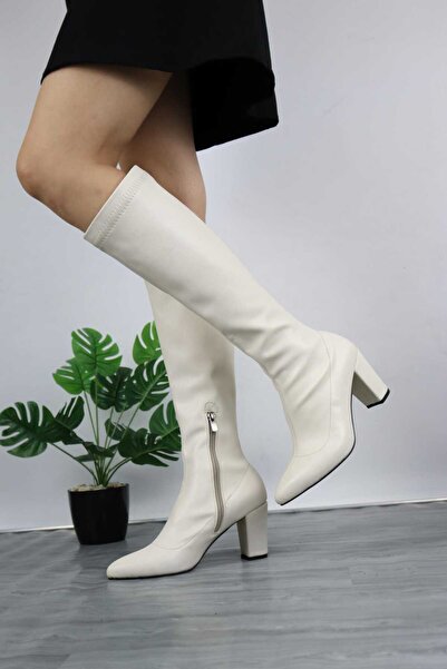 Shu Mhu Жіночі черевики з гострим носком, висотою 10 см, зручним каблуком, еластичною підошвою, зимові, кремового кольору.