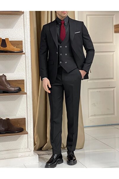 carismen ERKEK YELEKLİ SPOR SLİM FİT TAKIM ELBİSE_SİYAH