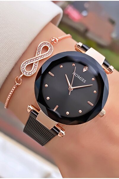 Homies Women's Wristwatch with Black Dial and Infinity Bracelet Set - Rose Go...