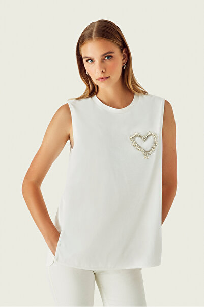 Naramaxx Taşlı Kalp Baskılı Kolsuz Ekru T-Shirt