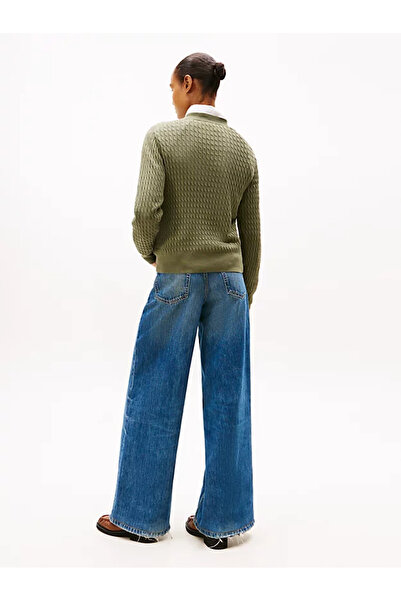 Tommy Hilfiger Kadın Normal Kalıp Ribana Yakalı Uzun Kollu %100 Pamuklu Örme Yeşil Kazak WW0WW44993-PLI