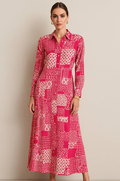 Rich Women's Fuchsia White Patterned Long Sleeve Buttoned Maxi Shirt Dress