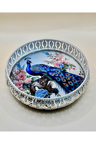 Kraftique صينية فنية مطلية بالفضة - تصميم الطاووس