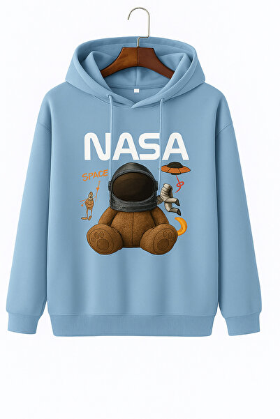 Kokina 3 Yarn Combed Cotton Unisex Nasa Teddy Bear Printed Hooded Sweatshirt