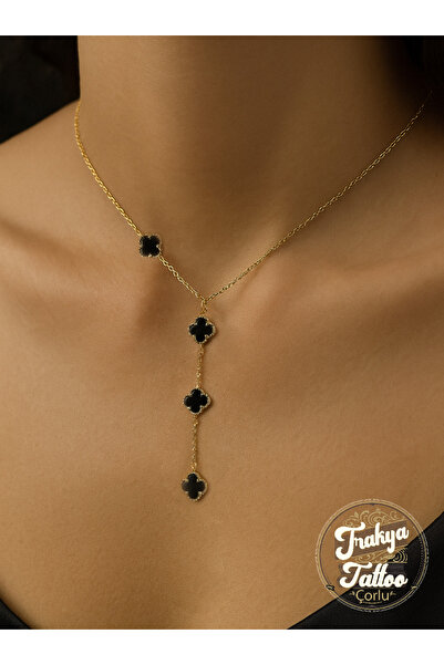 FASHİON JEWELRY 316L Çelik Gold Renk Yonca Mineli Sallantılı Zincir Yonca Kolye