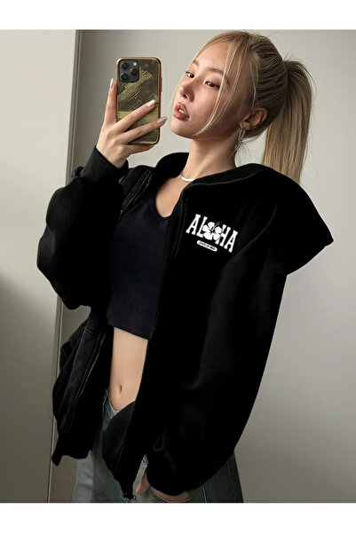 LOUİSA Women's Black Hooded Zippered Aloha Printed Oversize Ribbed Cardigan