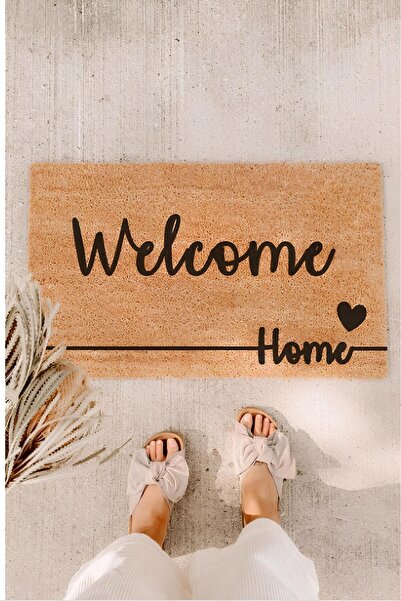yokyok Welcome Siyah Kalpli Home Çizgili Kapı Önü Paspası