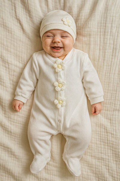 Bond and Bestie Velvet Jumpsuit 2 Piece Newborn Romper & Hat Long Sleeve Daisy Detailed Velvet Outfit 0-3 Months