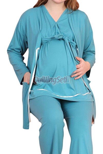 quilling Turquoise Colored V-Neck 3-Piece Long Sleeve Maternity Pajama Set with Dressing Gown 59340