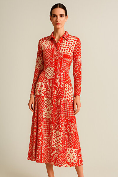 Rich Women's Red and White Patterned Long Sleeve Buttoned Waist Maxi Shirt Dress