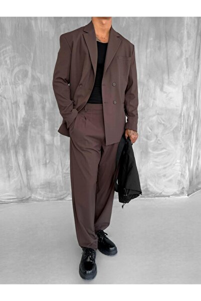 ablukaonline Men's Oversize Comfortable Fit Double Breasted Suit Brown