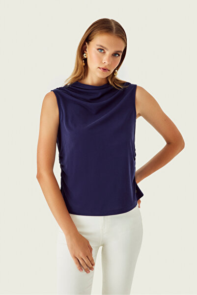 Naramaxx Omuzları Büzgülü Kolsuz Lacivert Örme Bluz