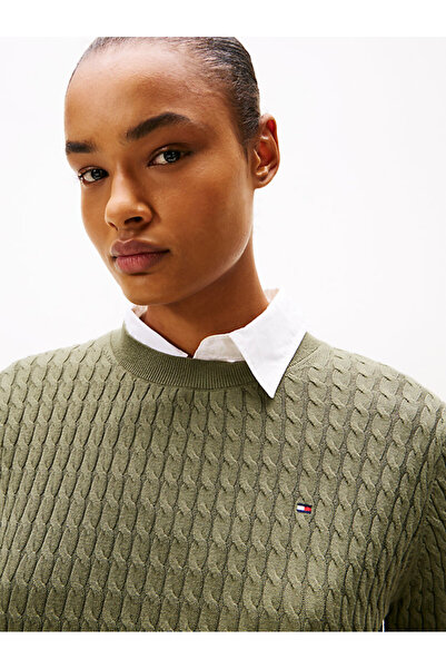 Tommy Hilfiger Kadın Normal Kalıp Ribana Yakalı Uzun Kollu %100 Pamuklu Örme Yeşil Kazak WW0WW44993-PLI