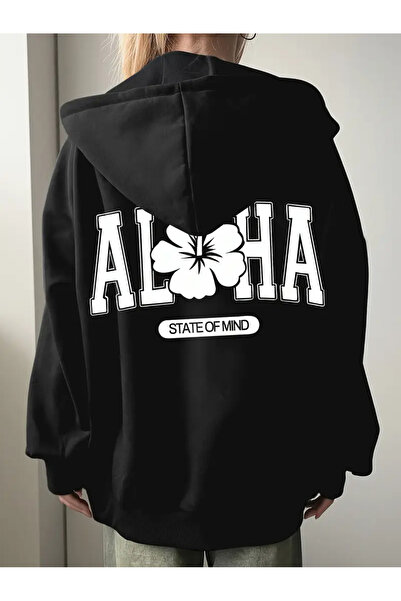 LOUİSA Women's Black Hooded Zippered Aloha Printed Oversize Ribbed Cardigan