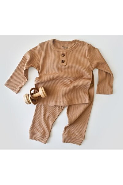 JollyMag Σετ μακρυμάνικο τοπ και μακρύ παντελόνι από βαμβάκι και μοντάλ - Καφ...