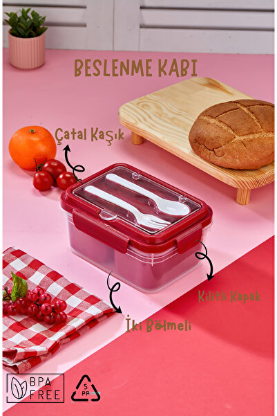 Espas Home Two-Compartment Lunch Box with Fork-Spoon Compartment and Locking Lid and Food Storage Container - Red