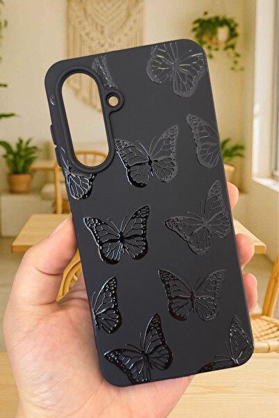 Vip Case Samsung Galaxy A56 Uyumlu Siyah Kelebek Desenli Silikon Darbe Emici Klasik Korumalı Rubber Kılıf