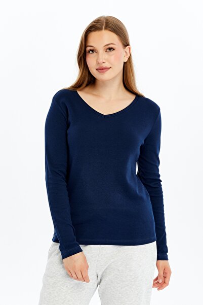 defys Tricou de bază pentru femei, cu decolteu în V, cu mânecă lungă, cu croi...