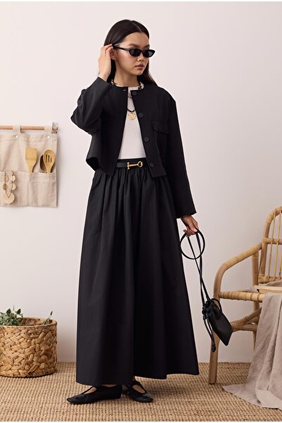 HEQA Büzgülü Kanvas Etek Siyah