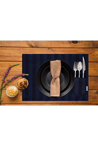 DENİMTİME Lacivert Şeritli Denim Supla – Şık Masa Servis Altlığı, Cep Detaylı...