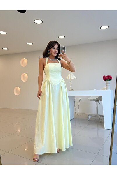 Şulenin Butiği SIRT DEKOLTELİ POPLİN ELBİSE SARI