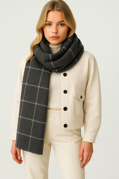 MYZİ STORE Women's Black Square Patterned Thick Winter Shal – Oversize Shawl