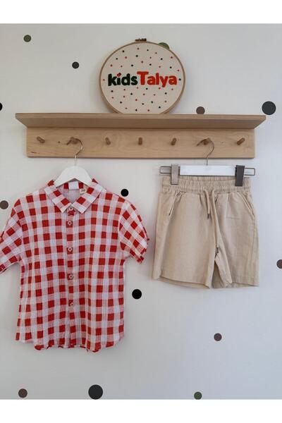 kidstalya Red Checkered Shirt Shorts Set