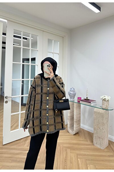 MODAMERSİ Women's Square Patterned Buttoned Wool Knitwear Cardigan