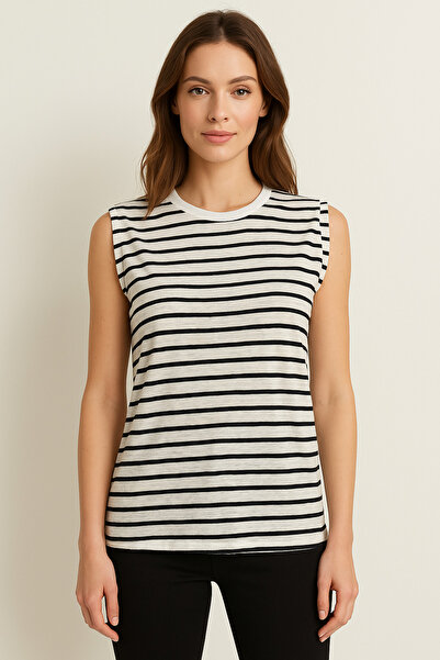 Ramior Women's Navy Blue-White Striped Sleeveless Basic T-Shirt