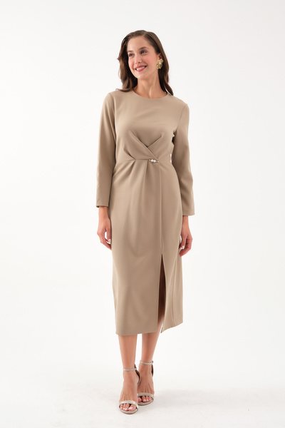 Lafaba Дамска рокля за парти с дължина до коляното, с детайли от камел и перли