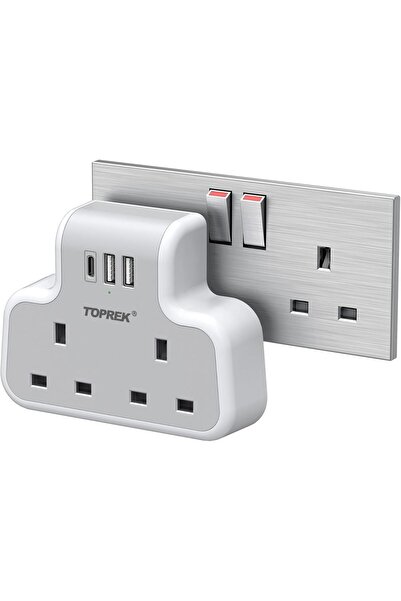 TOPREK Multi Plug Adaptor, Double Plug Adapter UK, 2 USB-A & 1 USB-C, Slim Wall Extension Socket