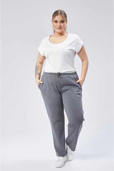 Şans Women's Plus Size Gray, Side Pockets, Elastic Waist and Lace-Up Sweatpants 65N39129