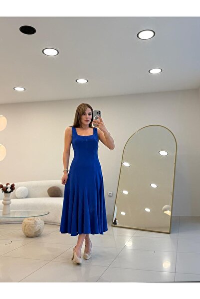 Şulenin Butiği ASKILI KLOŞ ELBİSE SAKS MAVİ