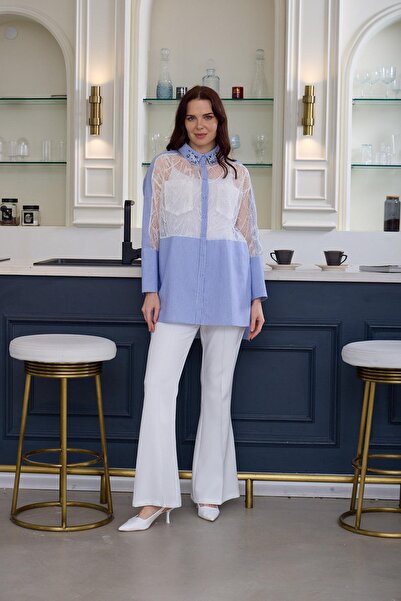 Moodbasic ÇİZGİLİ FRANSIZ DANTEL DETAYLI GÖMLEK