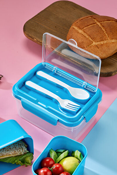 Espas Home Two-Compartment Lunch Box with Fork-Spoon Compartment and Locking Lid and Food Storage Container - Blue