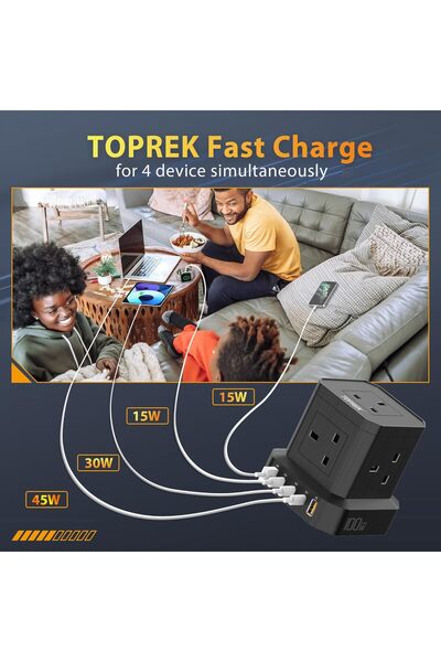Generic كابل تمديد الشحن السريع TOPREK 100 واط PD3.0 مع فتحات USB، شحن سريع متزامن لـ 10 أجهزة