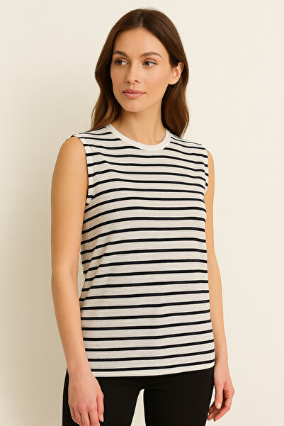 Ramior Women's Navy Blue-White Striped Sleeveless Basic T-Shirt