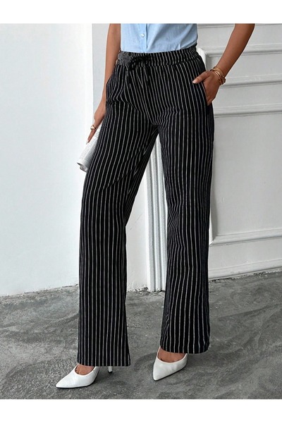 Miyalon White Striped Navy Blue Sweatpants with Elastic Waistband, Loose Fit Trousers